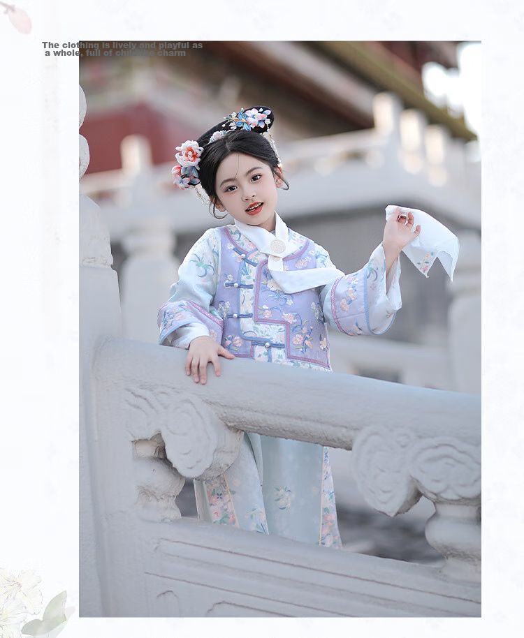 Qibo Girls' Cheongsam, Spring And Autumn Mid-Autumn Festival Children's Kindergarten New Hanfu, Blue-Purple + Neck Scarf, Size 130 23