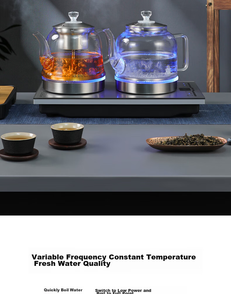 Biooner Fully Automatic Bottom Double Water Inlet Electric Kettle, Glass Water Boiler for Home And Office Use, Integrated Tea Table And Countertop, Built-In Electric Tea Stove, Tea Set Package, Light Luxury Silver Three-I 19