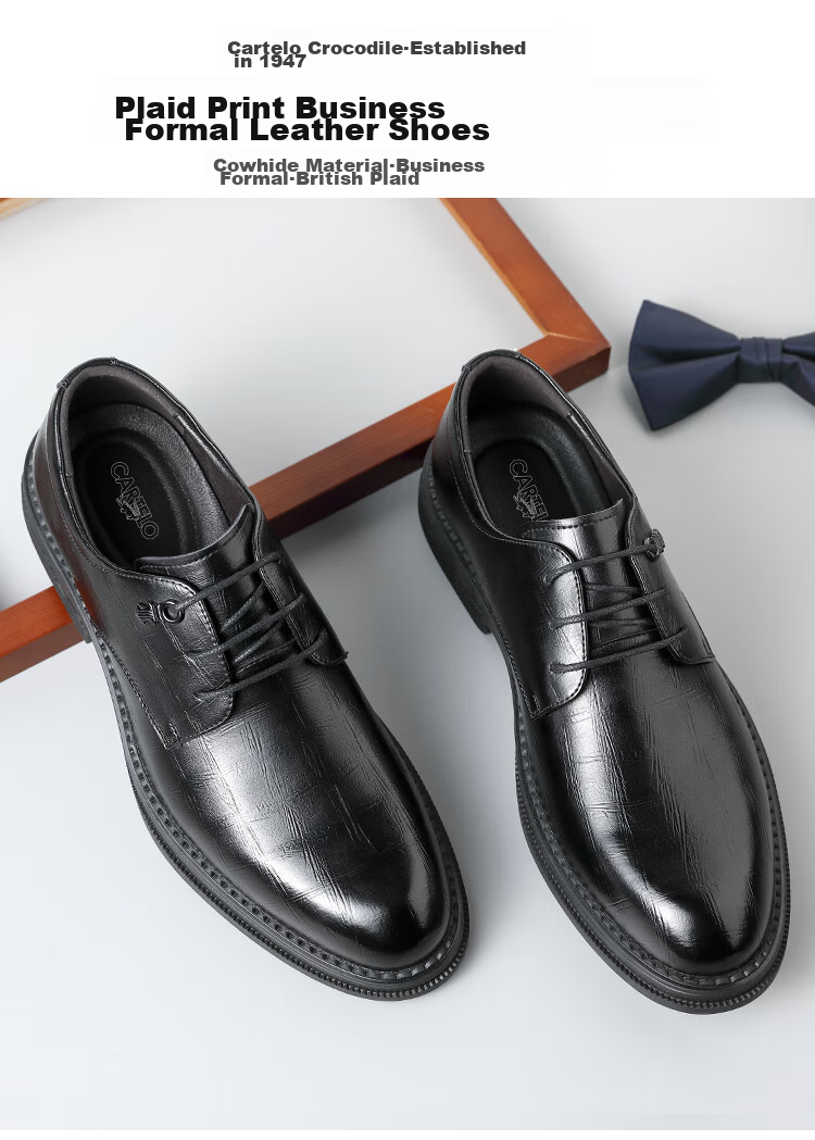 CARTELO British Trendy Plaid Formal Shoes for Men, Business Leather Shoes, Soft Cowhide Low-Top Men's Shoes 9541 Black 38 2