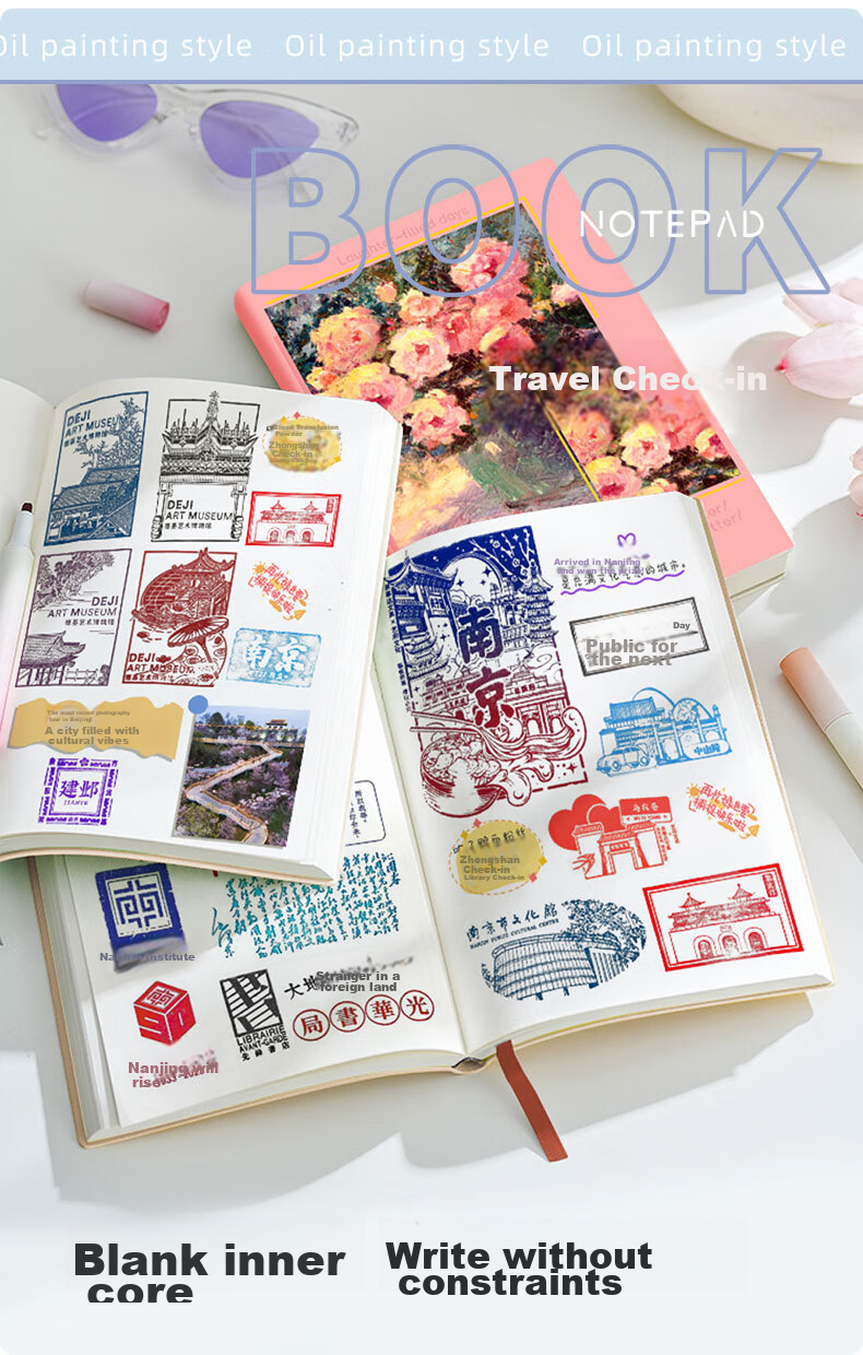 Faramon A5 Oil Painting Notebook, Blank Book, Museum Stamp Collection, Travel Stamping, Journaling, Stamp Collection Book, Vintage Travel Souvenir Book, Thickened Diary, Pink 5