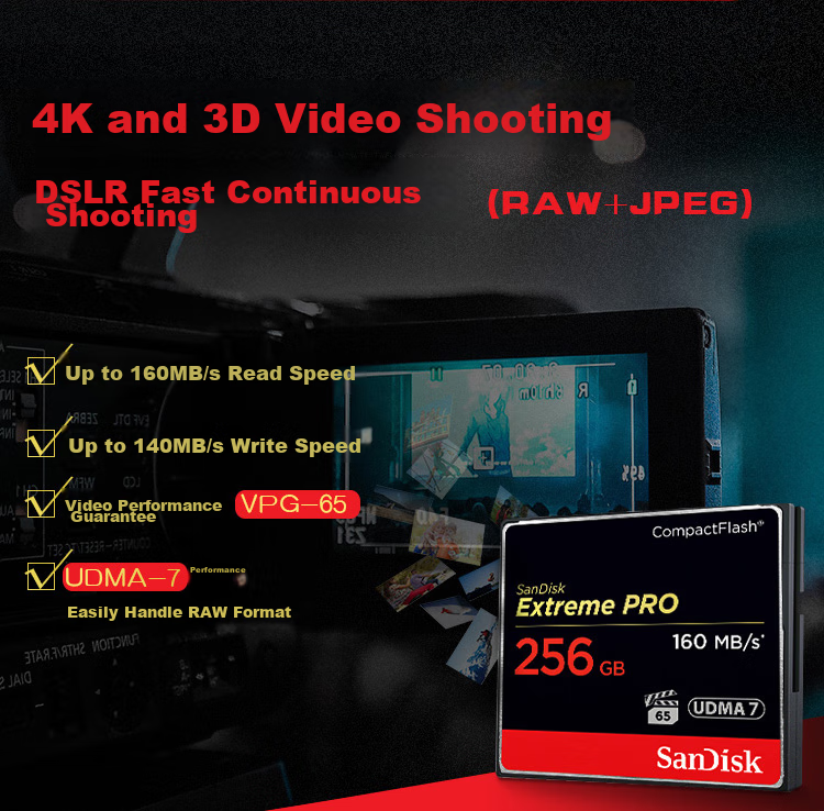 Sandisk 256GB CF (CompactFlash) Memory Card, 4K 3D Video, UDMA-7 Ultimate Ultra-Fast Camera Storage Card, Read Speed 160MB/s, Write Speed 140MB 4