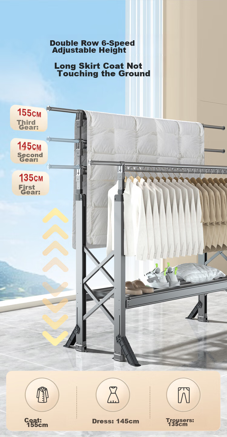 JD Original Floor Folding Double-Pole Clothes Drying Rack, Adjustable Aluminum Alloy Retractable Clothes Hanger for Outdoor Balcony And Bedding Drying 6