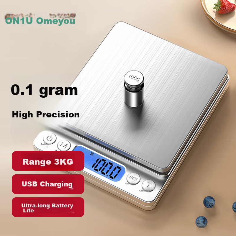 Aomeiyou Kitchen Scale, Kitchen Gram Scale for Baking, Mini Food Scale, Jewelry And Coffee Scale, 3kg/0.1g (Rechargeable Model)