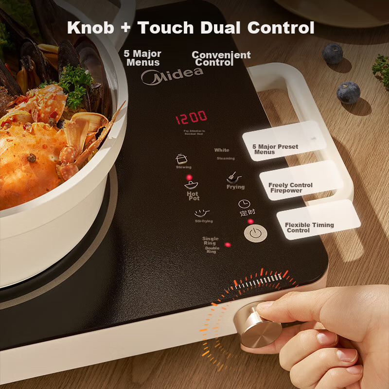Midea Induction Cooker, Ceramic Cooktop, Battery Stove, 2200W Electric Hot Pot, Intense Heat, Tea Brewing, Water Boiling, Stir-Frying, Electromagnetic Stove for Tea Brewing, Dual Ring Flame Control, Suitable for All Pots, Wear-Resistant And Easy to Clean HW2210