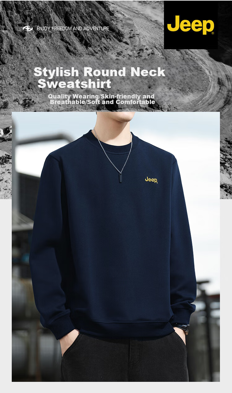 JEEP Sweatshirt for Men, Loose Embroidered Crew Neck Long-Sleeve T-Shirt, Casual Sportswear for Men's Clothing 102, Navy Blue, Size L 2