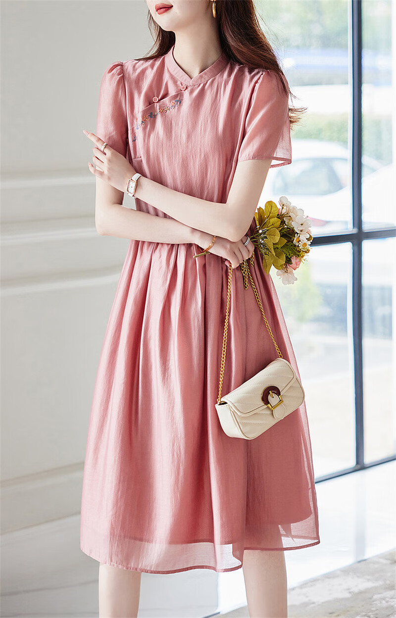 Dme [Elegant A-Line Embroidered Dress] Summer Commuter Stand-Collar Button-Up Midi Dress for Wome 10