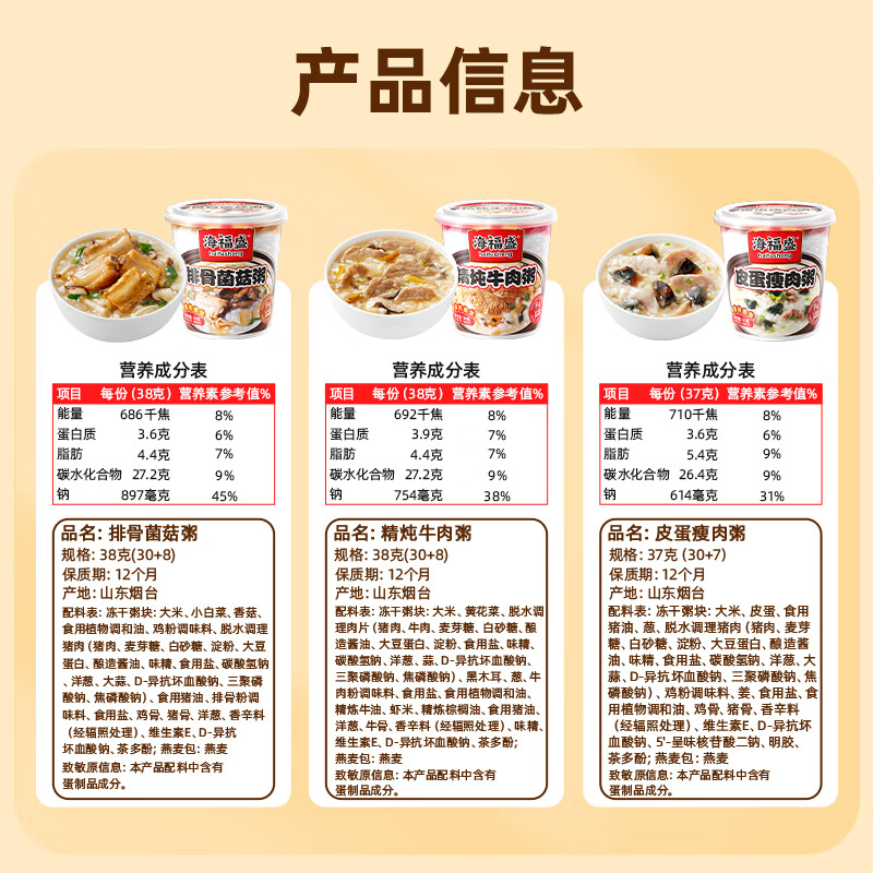 海福盛方便速食粥早餐宵夜懒人食品冻干八宝粥经典粥5味10杯368g