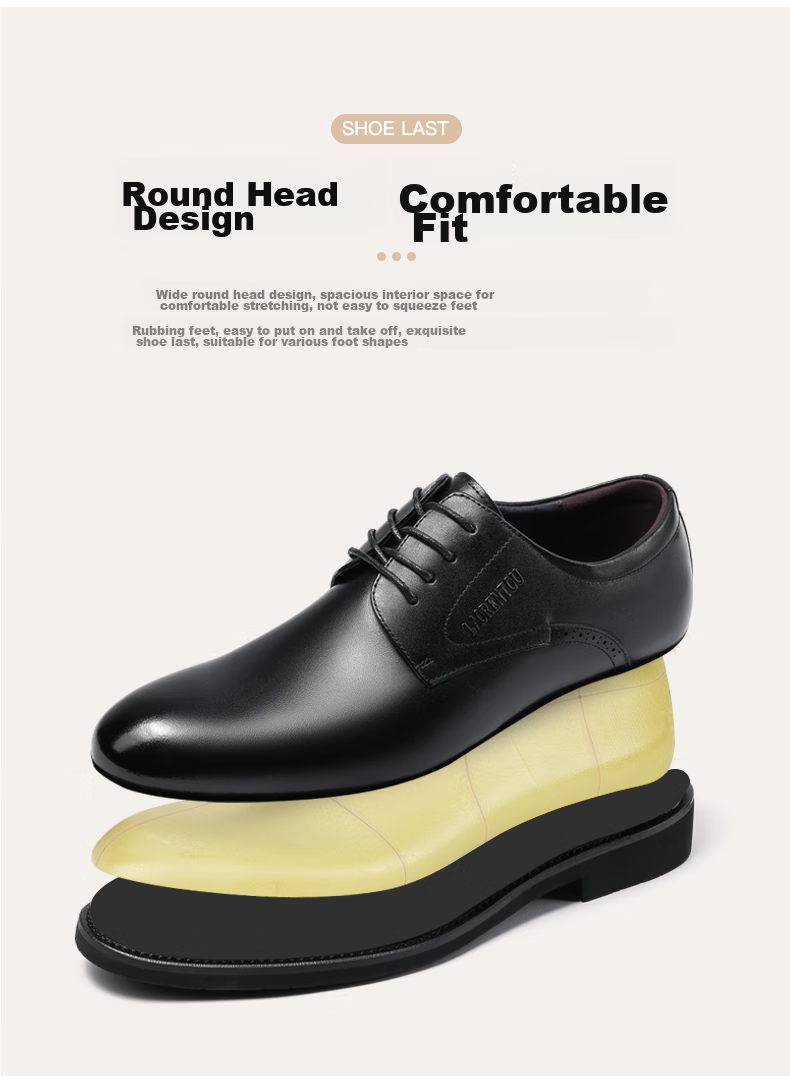 LAORENTOU Men's Leather Shoes, Business Formal Shoes, Top-Grain Leather, Breathable, Wear-Resistant, Non-Slip, Dad Shoes, 160208 Black, Size 38 9