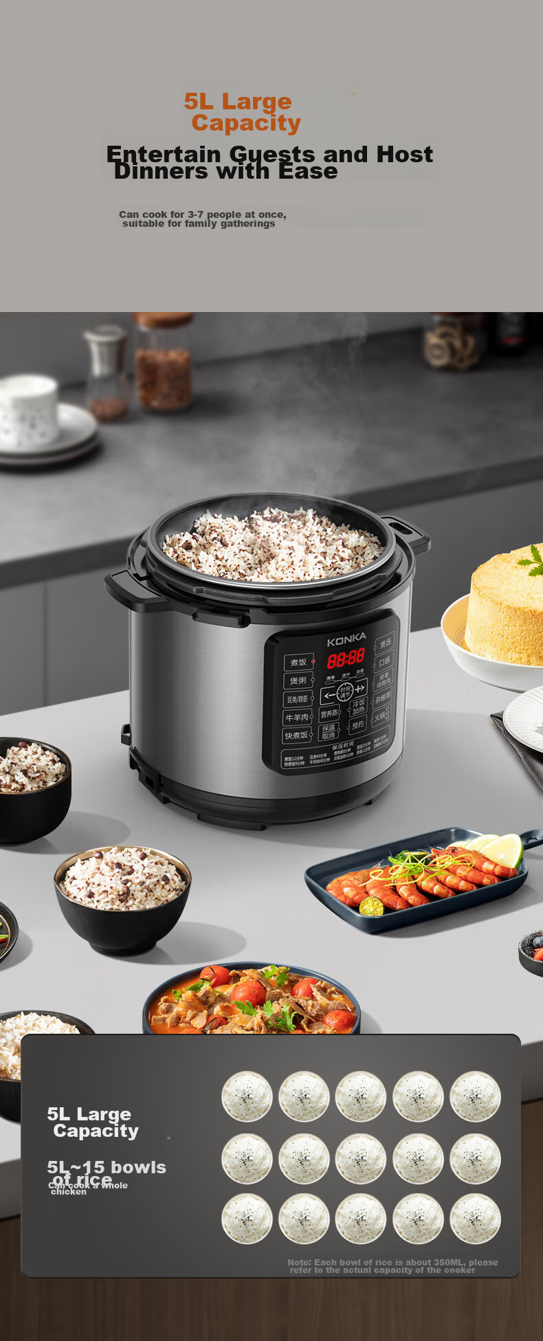 KONKA Electric Pressure Cooker, 5L Multi-Functional Household Electric Pressure Cooker with Non-Stick Inner Pot, High-Pressure Rice Cooker with Smart Reservation Function, KYLG-5006E 3