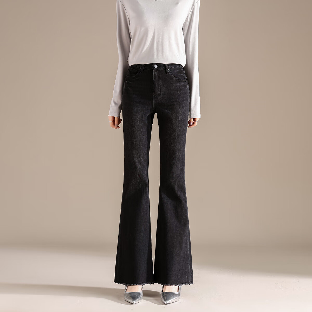 RAIN.CUN Vintage Black And Gray Micro-Flare Jeans, 2024 New Autumn And Winter High-Waisted Slimming Elastic Herringbone Flared Pants