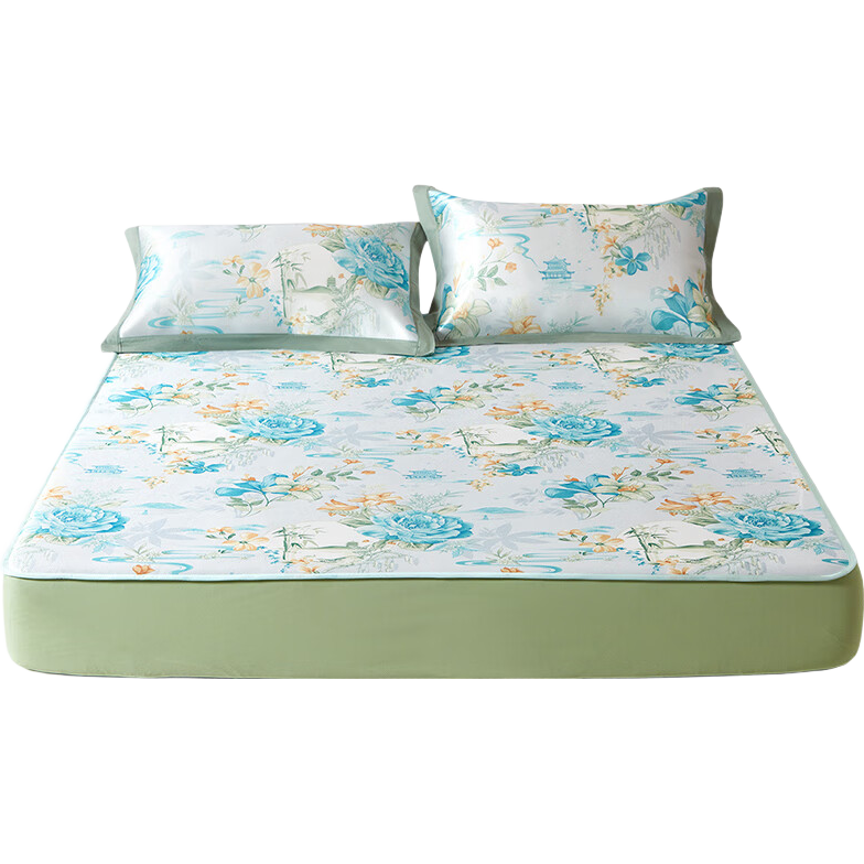 Fuanna Qingwan Cooling Mat Ice Silk Summer Printed Soft Mat Fitted Sheet 3-Piece Set Green 1.8*2m [Washable]