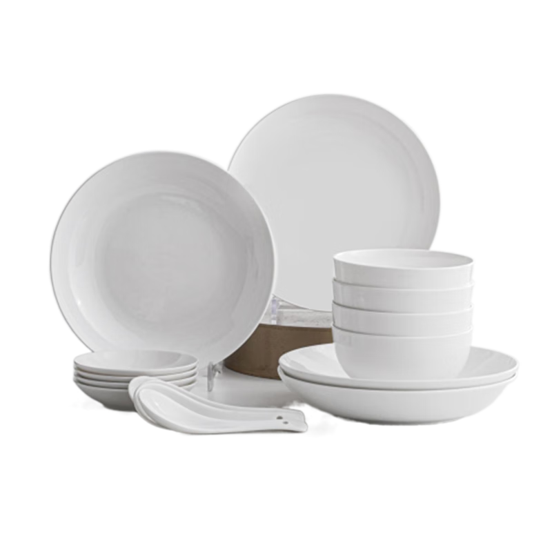 JD Original Bowl And Plate Tableware Set, Housewarming Ceramic Dish Set for Home Use, Pure White Bone China, 16 Pieces