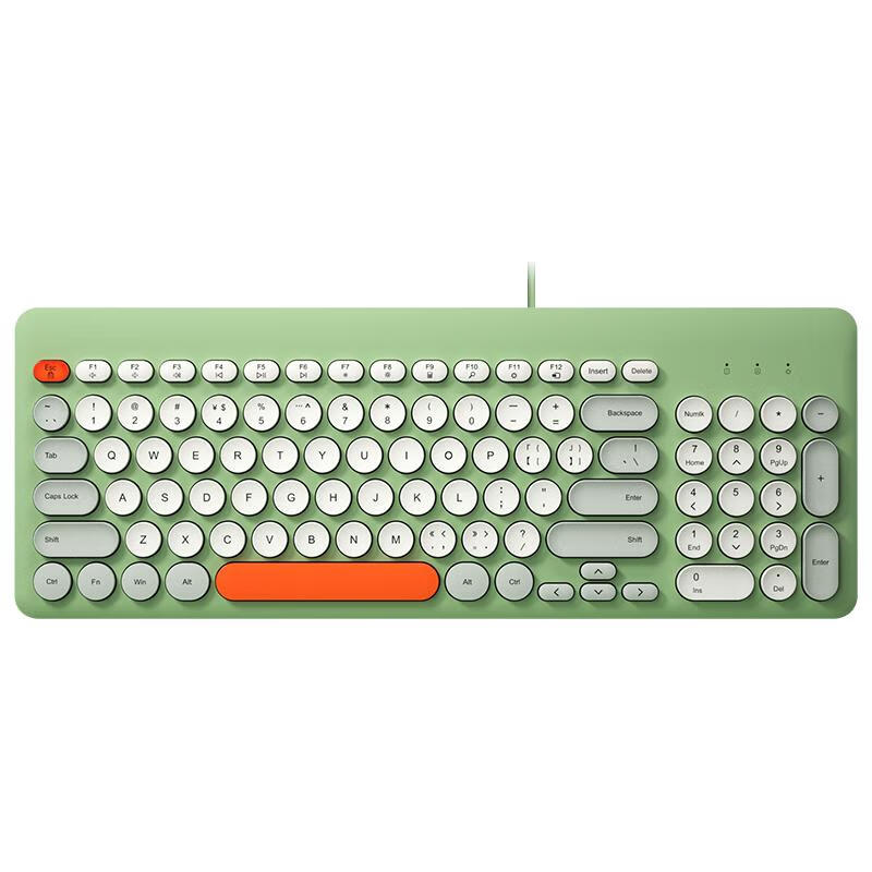 BOW Hangshi K221U Wired Keyboard, Retro Round Keycap Keyboard, Office Laptop Desktop Computer USB Wired Keyboard 96 Keys, Orange-Gray Gree