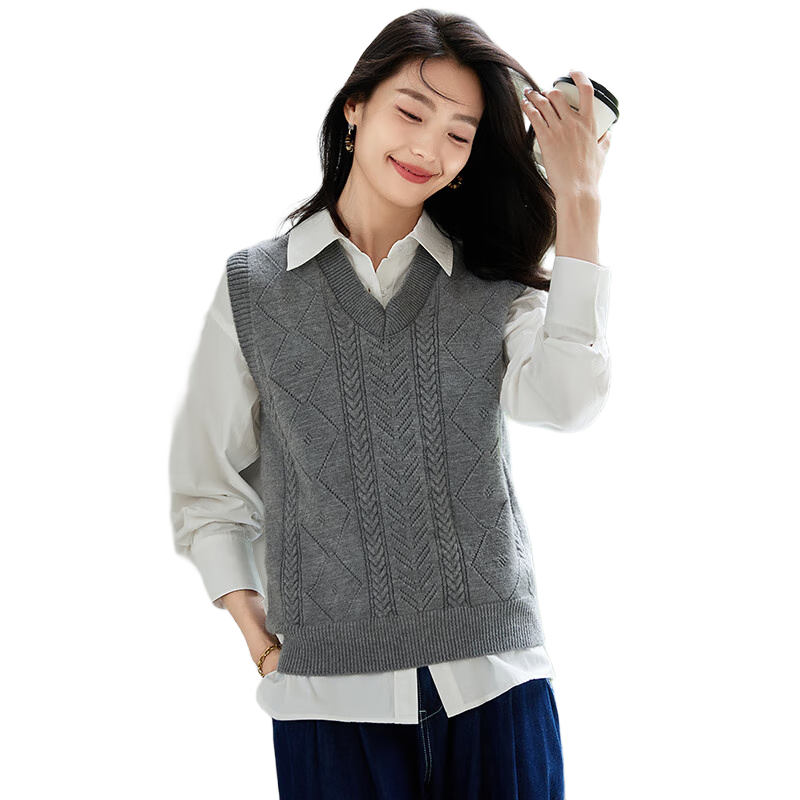 Chushen Spring And Autumn Knitted Vest for Women, Wilderness Maillard Vintage V-Neck Tank Top, Layered Sweater S143Z5005