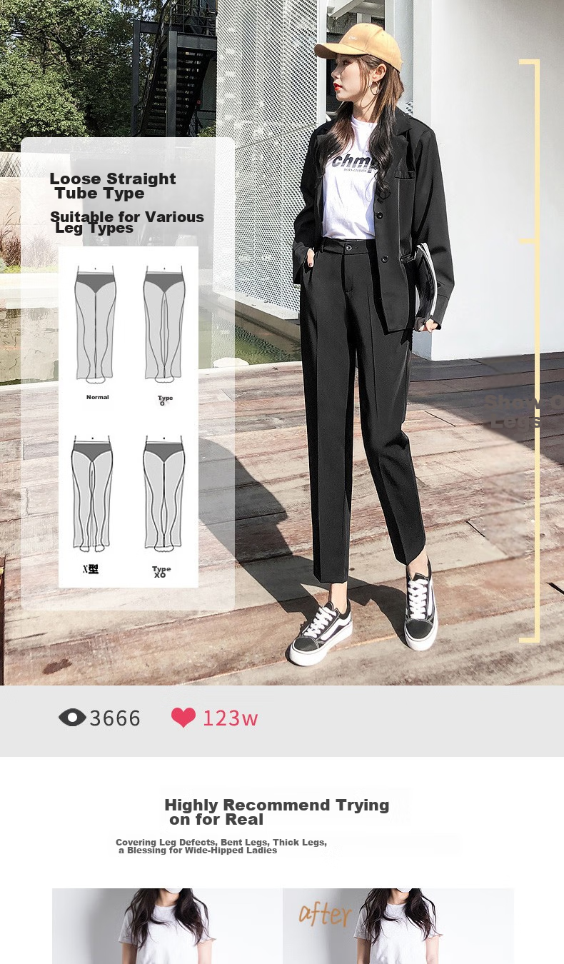 LangSha Casual Pants for Women, Spring And Summer Nine-Point Dress Pants, Black Harem Pants, Loose High-Waist Work Straight-Leg Women's Trousers 3