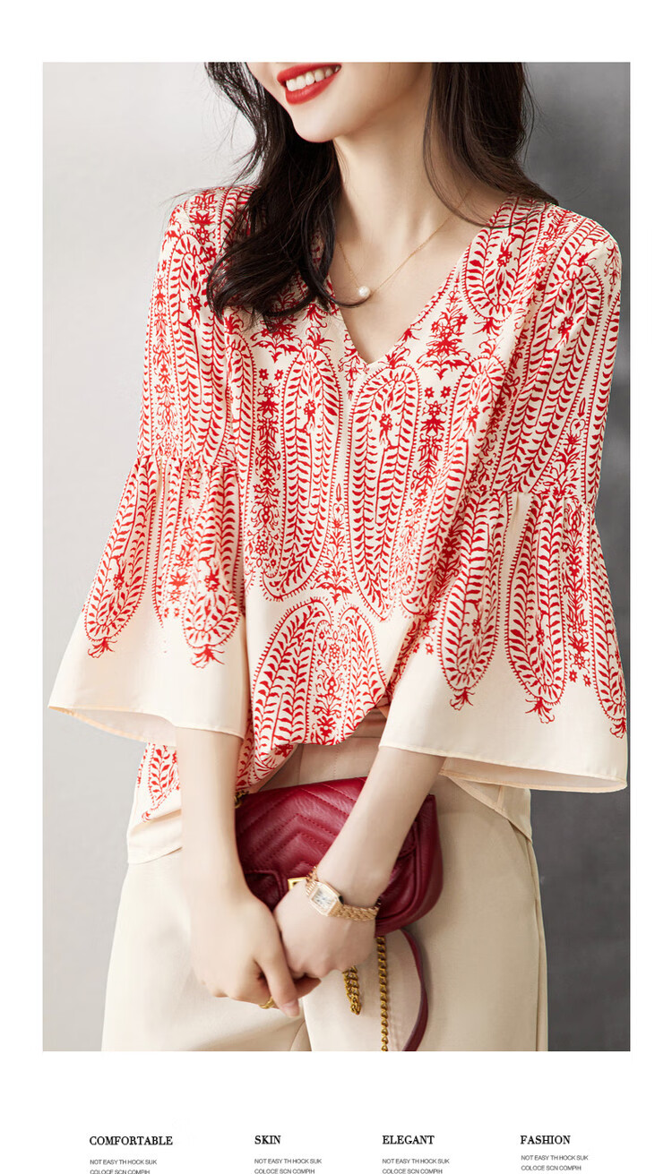 Dme [Chiffon Hibiscus Linen Shirt] Summer V-Neck Three-Quarter Sleeve Paisley Print Blouse Women's Top 5