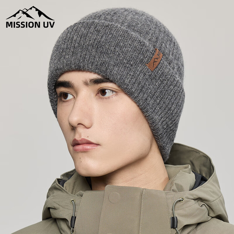MISSION UV Pure Wool Warm Knit Hat, Autumn And Winter Thickened Knitted Cap, Cold Hat, Winter Hat, Outdoor Ear Protection Cold Cap, Men's Winter Hat