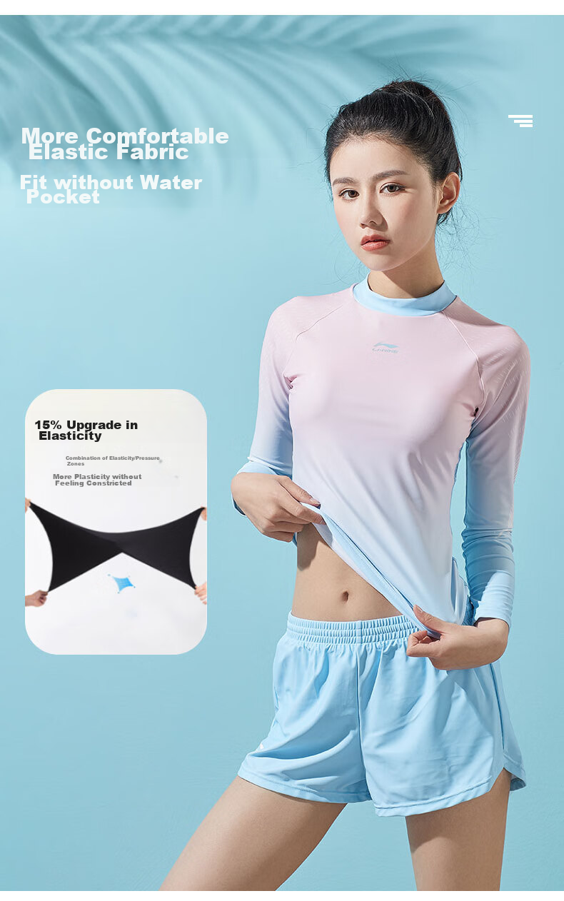 Li-Ning Women's Swimsuit, Sports Casual Two-Piece Swimwear, Fashionable Color-Block Long-Sleeve Hot Spring Resort Swimwear, 072 Blue Pink, 3XL 4