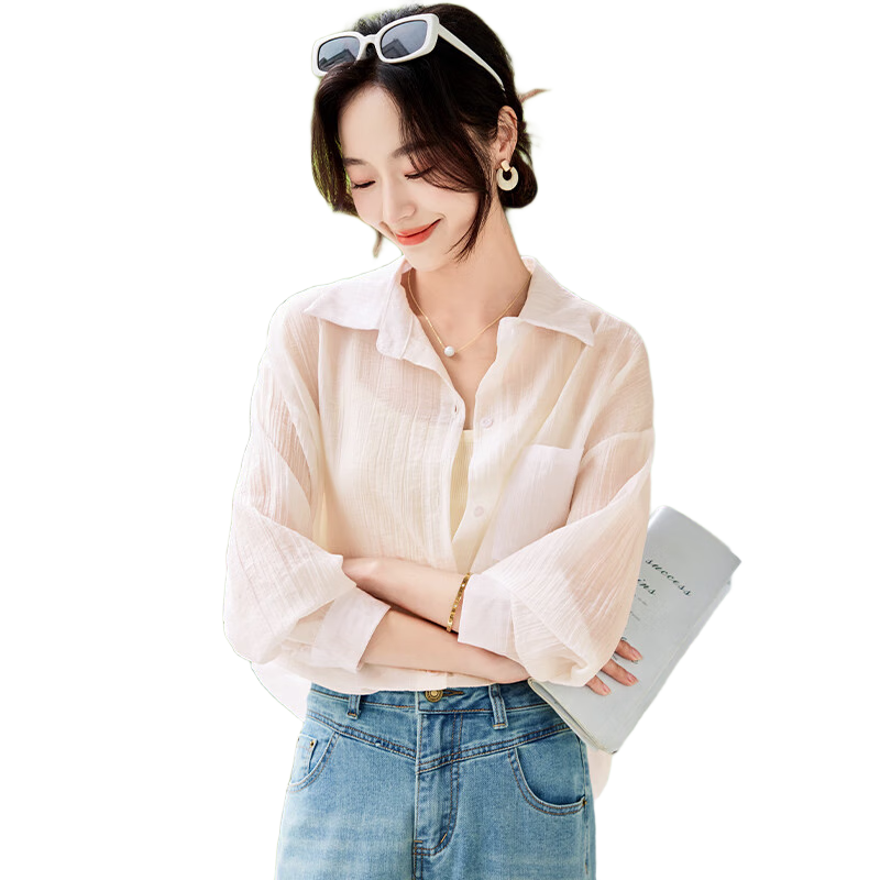 Chushen Thin Long-Sleeve Shirt for Women, Loose-Fitting Versatile See-Through Vacation Casual Jacket Top S144C2684 Pink