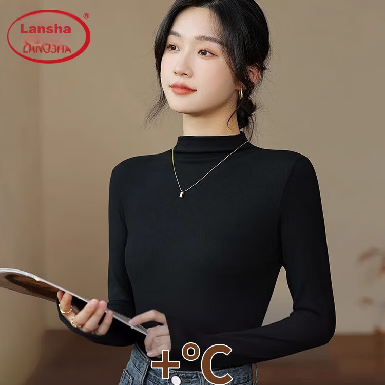 LangSha Semi-Turtleneck Base Layer for Women, New Autumn And Winter Thick Fleece Ribbed Long-Sleeve Slim-Fit Antibacterial Anti-Mite Inner Wear Top