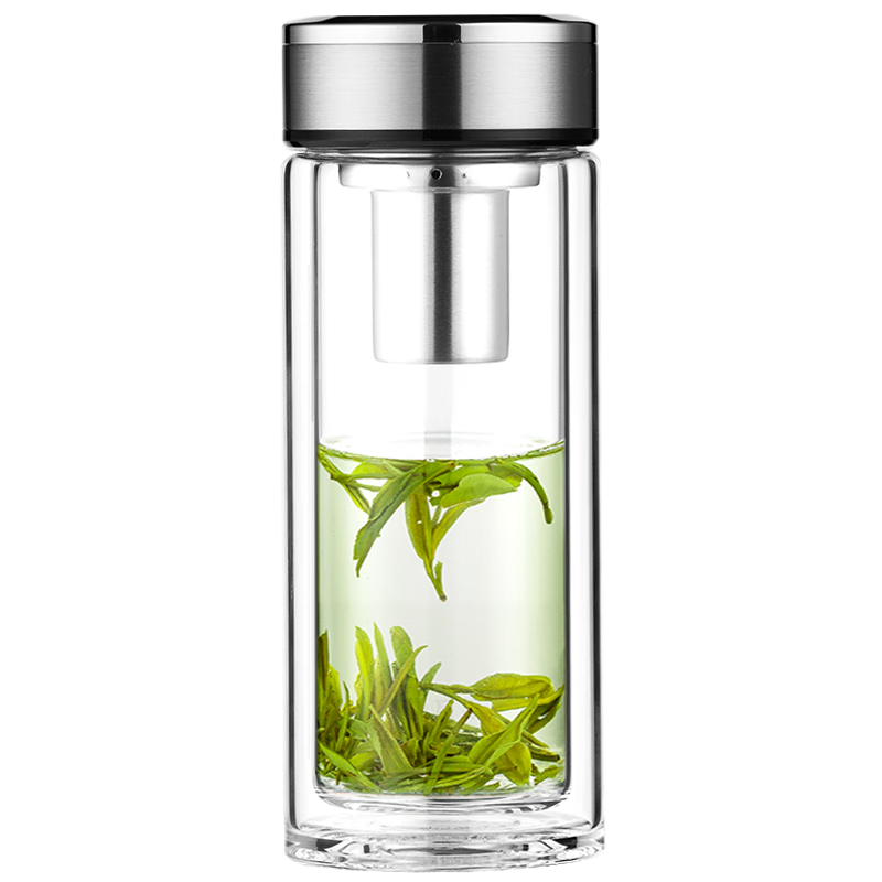 WANJIANG Double-Layer Glass Cup V48RL, Portable Tea Infuser Cup, Titanium Silver Color, Business Office Gift Box Set with Tea Strainer, Glass Water Cup