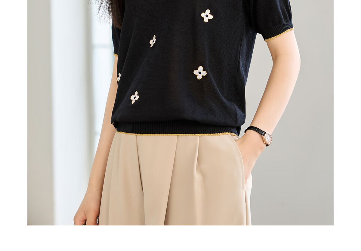 She Enjoy Short Sleeve T-Shirt Women Round Neck Lucky Clover Embroidered Casual Versatile Knit Tee T143T1376 8