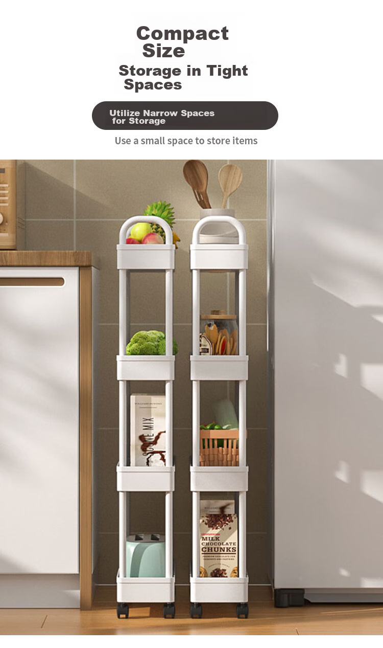 Ourunzhe Narrow Storage Rack, Kitchen Organizer Shelf, Slim Gap Trolley, Living Room And Bathroom Crevice Storage Shelf, Four-Tier with Handle 9