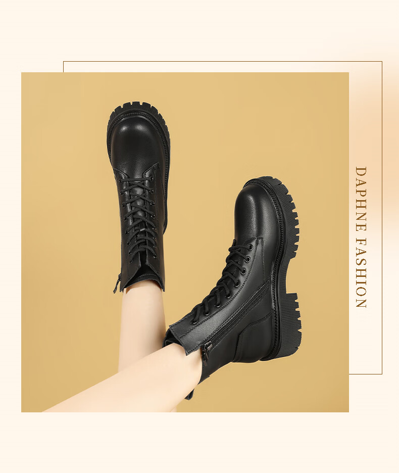 DAPHNE Black Martin Boots for Women, 2025 Autumn And Winter Fleece-Lined Leather Boots, Thick-Soled British Style Heightening Boots, Ankle Boots 5