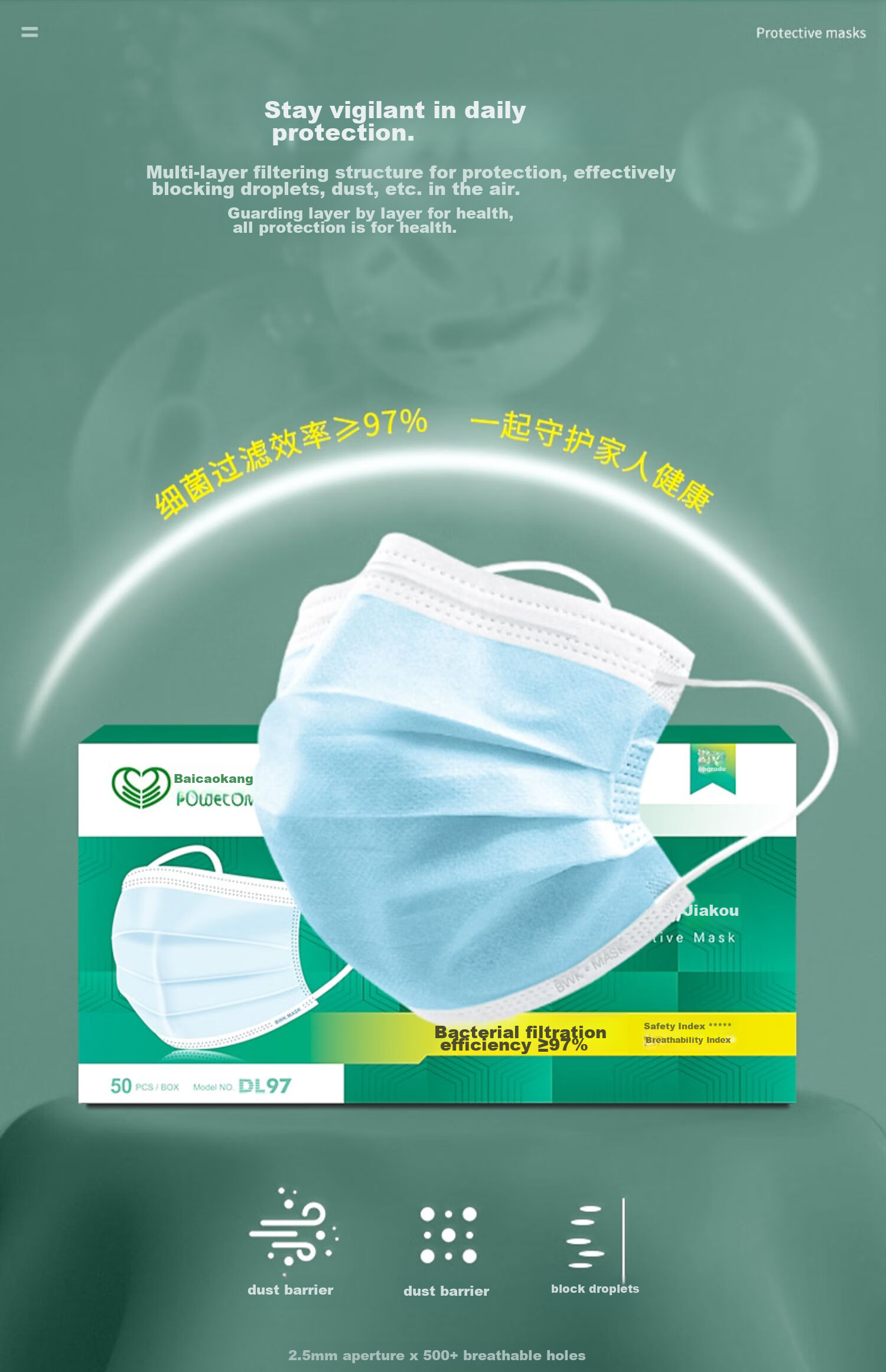 Baoweikang DL97 Disposable Face Mask, Individually Wrapped, Three-Layer Protection against Bacteria And Droplets, Adult Protective Mask DL003 Upgraded Version, Blue 10