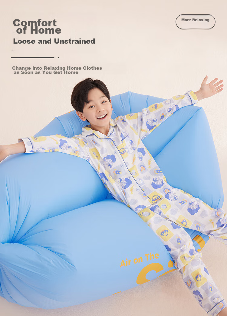 Hodo Children's Pajamas, Spring And Autumn Pure Cotton, Boys And Girls Home Wear Set, Long-Sleeve Top And Long Pants Two-Piece Set, M3511 Light Blue, Size 140 7
