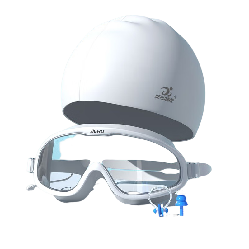 Jiehu Swimming Goggles for Men And Women, Adult Large Frame Anti-Fog Waterproof Integrated Diving Swim Glasses with Swim Cap Set Swimming Equipment