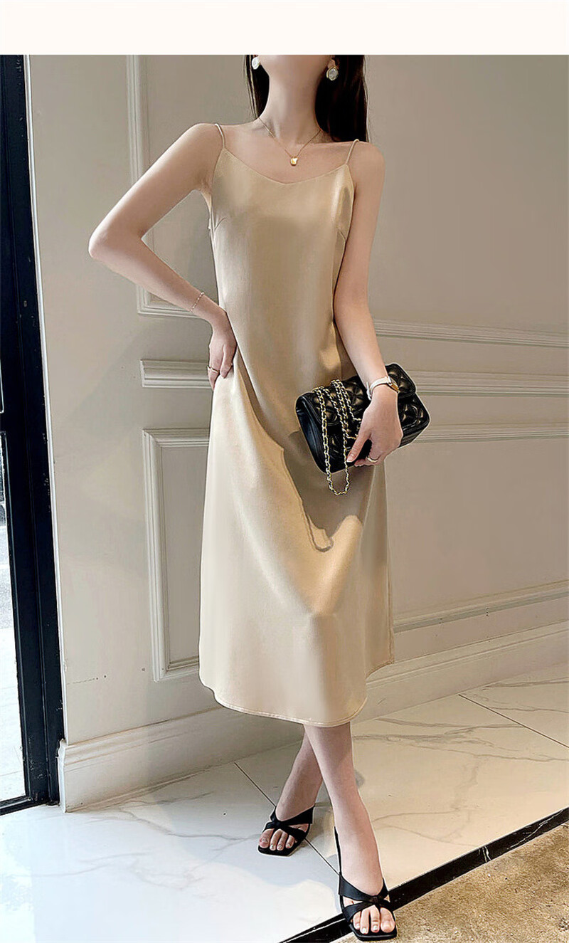 Dme [Nijin Suiyue] Summer Shiny Satin Elegant V-Neck Slimming X-Shaped Spaghetti Strap Dress, Mid-Length for Wome 11