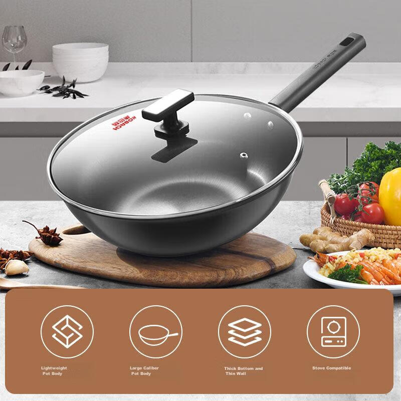 KOBACH Iron Wok without Coating, Low-Smoke Cooking Pan for Home Use, 32cm Jianjiu Series, Compatible with Induction And Gas Stoves