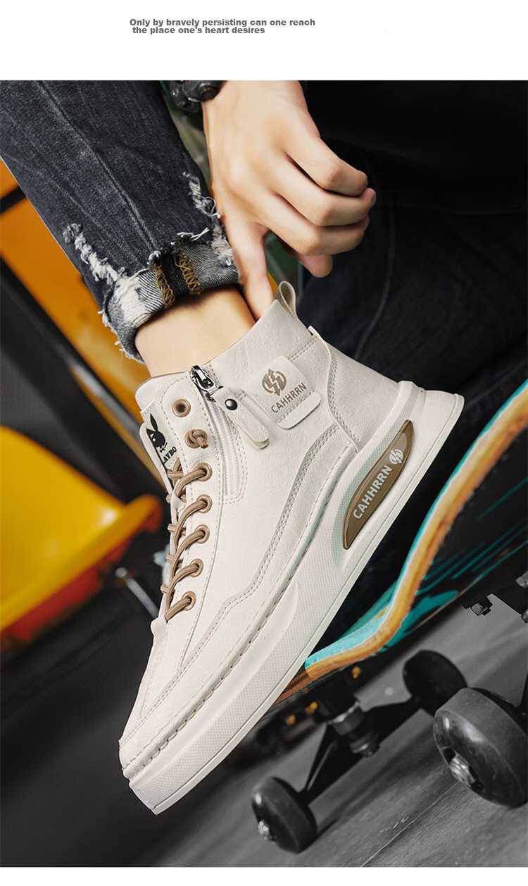 PLAYBOY Men's Shoes, Autumn And Winter High-Top Shoes, Fashionable Sneakers for Men, Trendy White Shoes, Beige, Size 39 11
