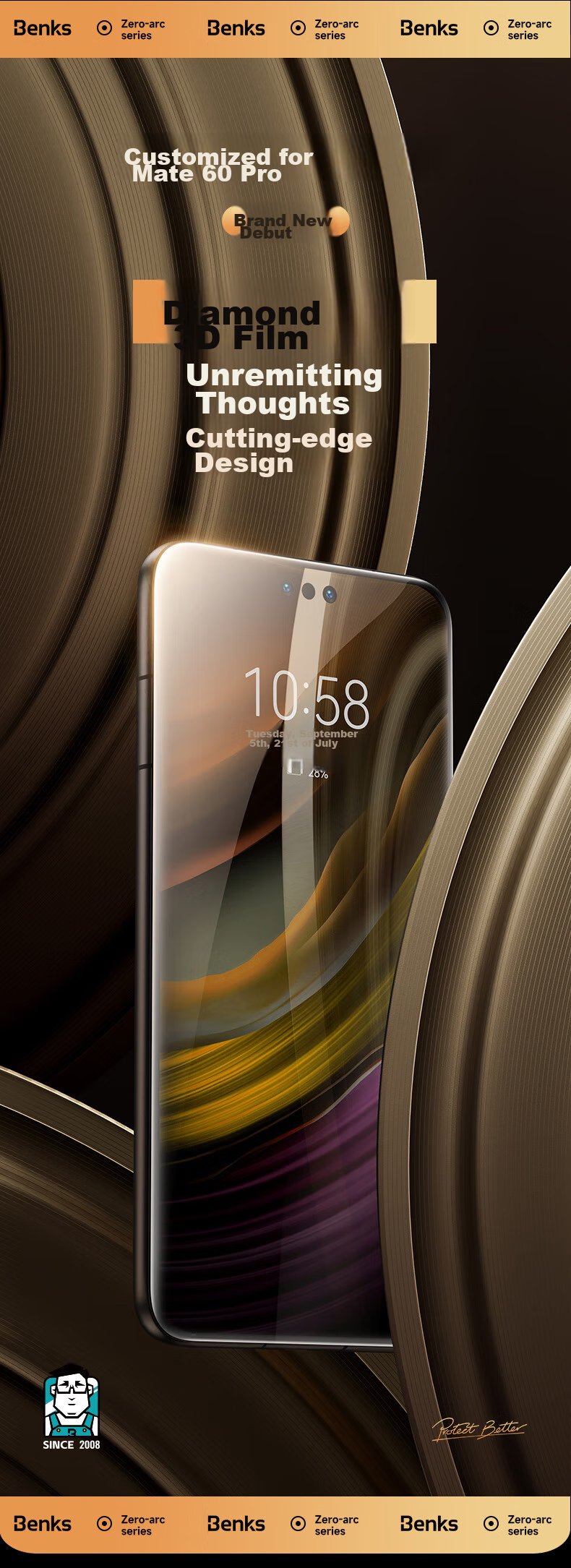 Benks Tempered Glass Screen Protector for Huawei Mate60 Pro/Pro+/RS, Hot-Bending Curved Surface AR Anti-Glare Anti-Reflective Full Coverage HD Protective Film 1
