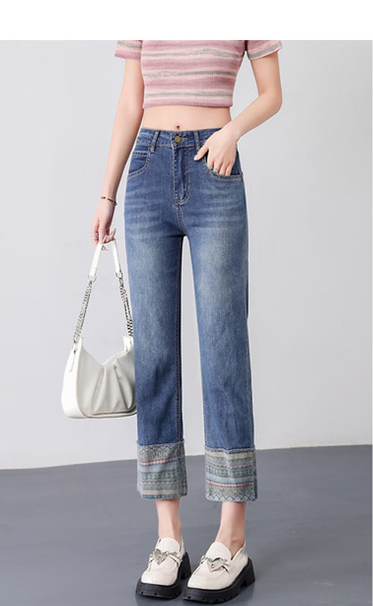 Dme [Light Ethnic Style] Spring And Summer Mid-Rise Straight-Leg Zipper Cropped Pants Women's Trousers Women's Jeans 3