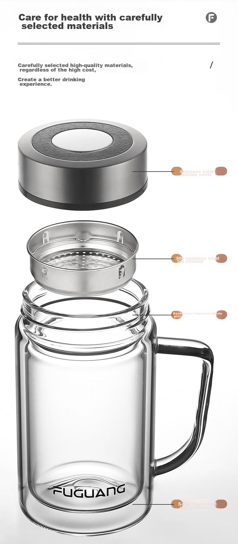 Fuguang Large Capacity High Borosilicate Double-Layer Glass Cup with Tea Strainer, Thickened Water Mug with Handle, Tea Infuser Cup, Office Mug 7