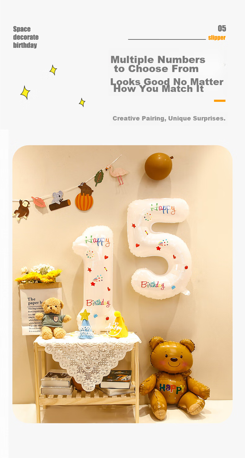 Shicai White Floral Print Number Balloon Decorations, Children's Birthday Party Scene Setup, Outdoor Handheld Photo Props, 4 Pieces 8