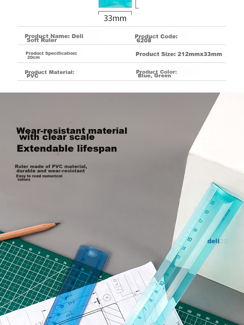 Deli 20cm Flexible Straight Ruler with Clear Markings, Flexible And Durable, Not Easily Broken, Student Back-To Stationery, Random Color, College Entrance Exam Blessing Gift 3