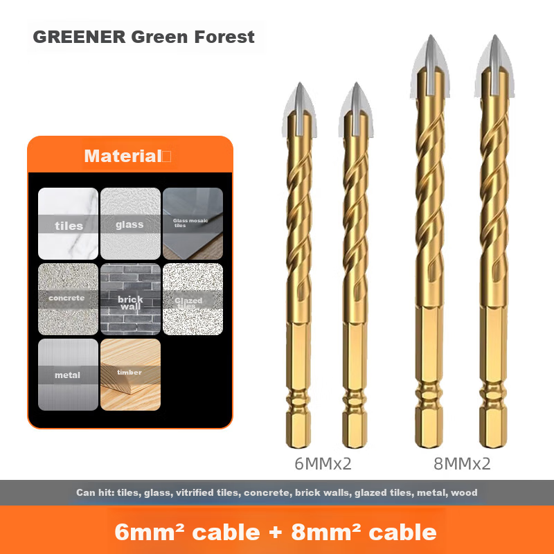 GREENER Ceramic Tile Drill Bit, Four-Blade Impact Drill, Concrete Triangular Drill, Glass Hole-Making Tool, 6+8mm, Two of Each