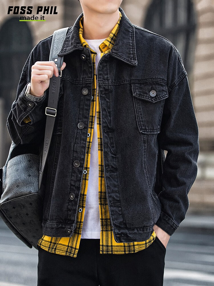 Foss Phil Men's Denim Jacket, Spring And Autumn Casual Retro Trendy Loose Fit Hong Kong Style Workwear Jacket Top FPJK4 Black XL 20