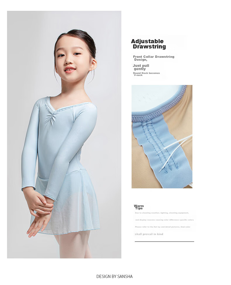 Sansha Ballet Practice Dress, Children's Dance Costume Long-Sleeve Dress Chiffon V-Neck Lace Bodysuit Dress, Light Blue, M 6
