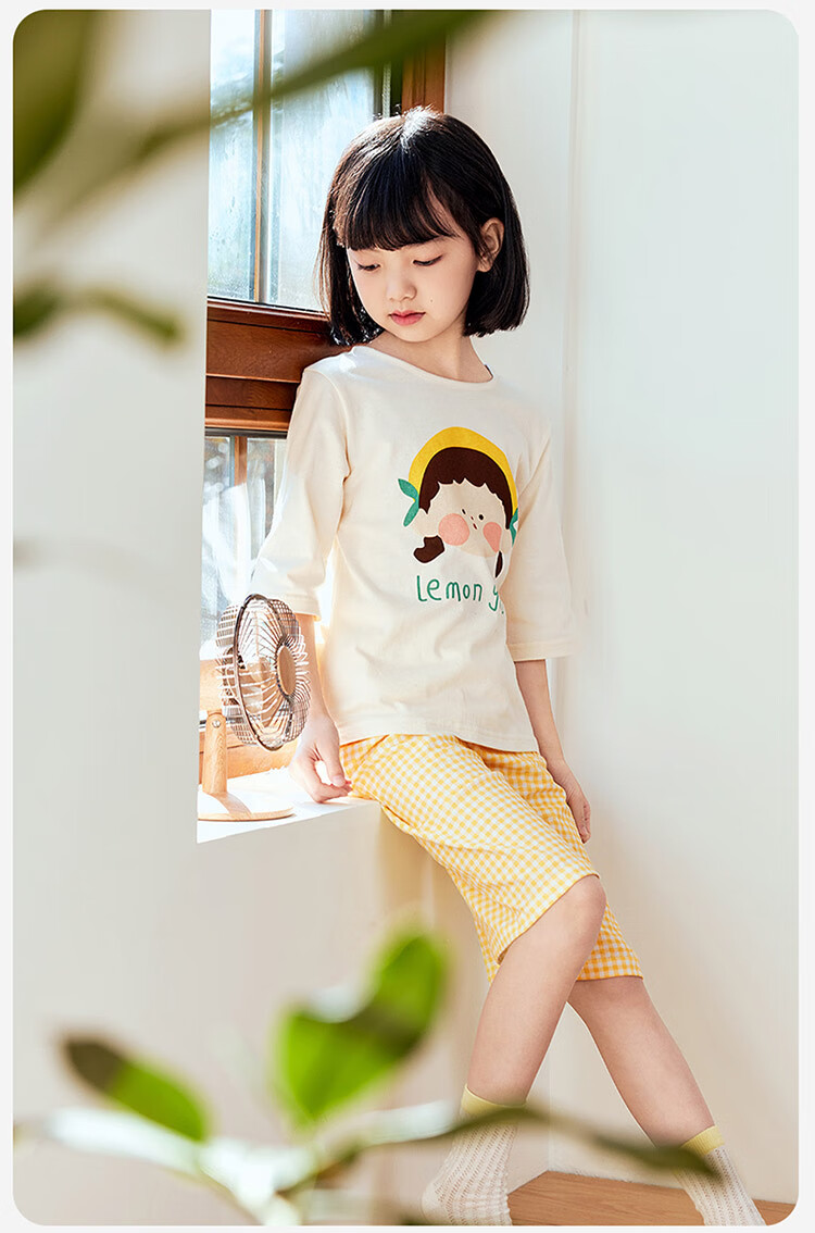 Dingguagua Children's Home Wear Set, Girls' Three-Quarter Sleeve Pajamas, Breathable Sleepwear for Older Children, Thin Summer Pure Cotton, Yellow, Size 150 6