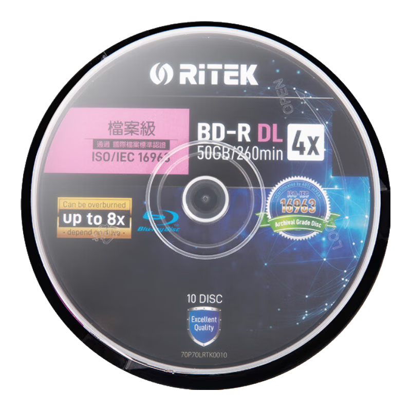 RITEk BD-R DL Blu-Ray Disc, ISO/IEC16963 Certified Archive-Grade Optical Disc Standard, 6x Speed, Original 50GB Long-Lasting High-Capacity Blank Discs, Pack of 10 in A Barrel