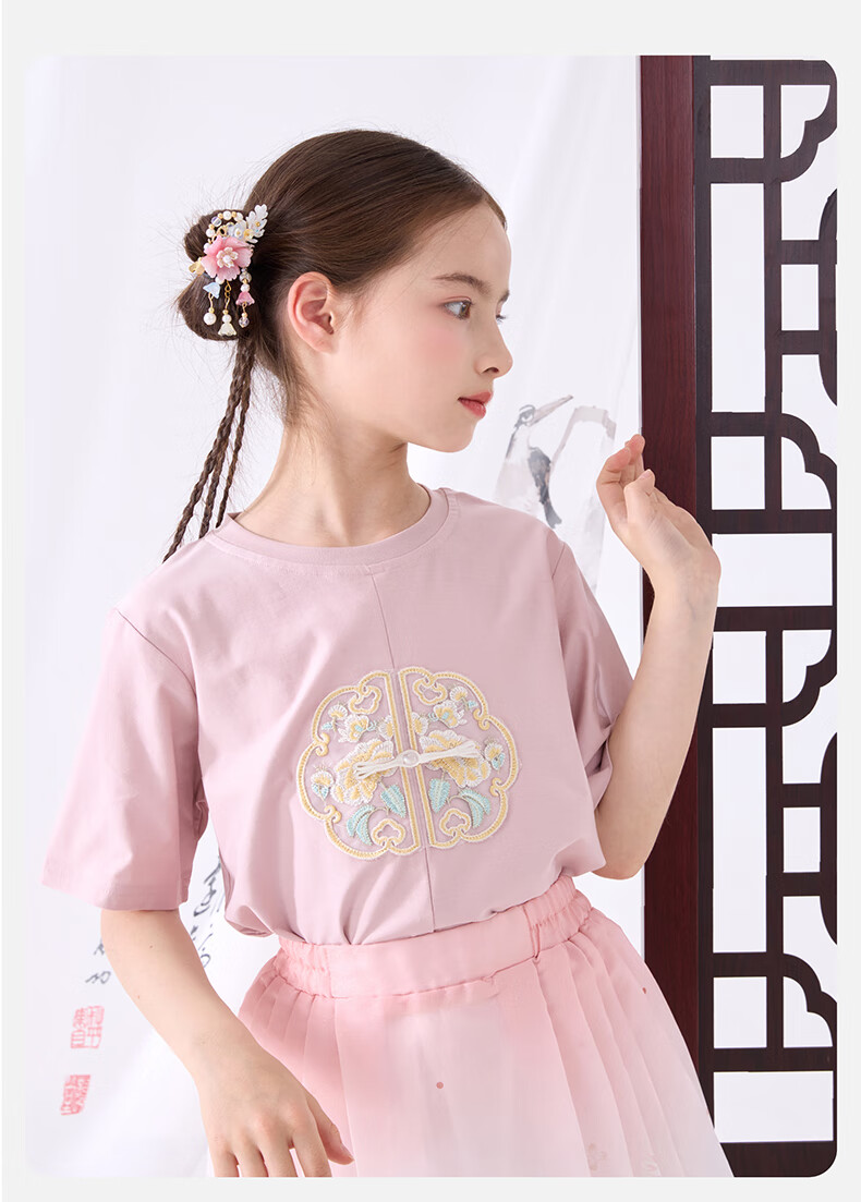 Duomiaowu Girls' Short-Sleeve T-Shirt, Summer Children's Top, Big Kids' Chinese-Style Summer Outfit, Stylish Undershirt, 81869 White, Size 120 5
