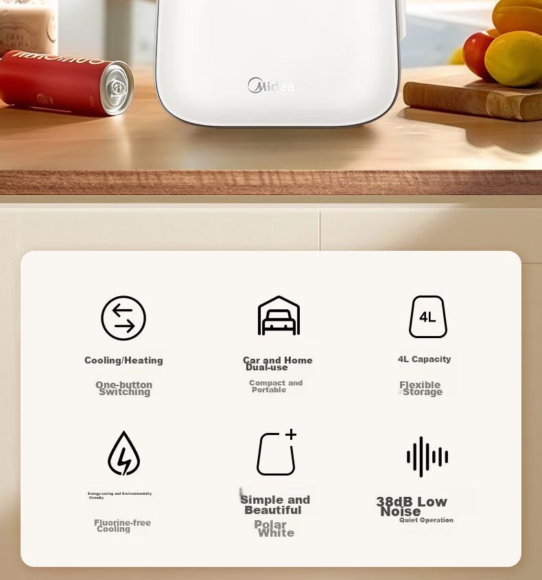 Midea Mini Fridge, Car Refrigerator, Small Cooling And Heating Box, Dual-Purpose for 1-2 People, Dormitory, Rental Apartment, Beauty Storage, Milk Refrigerator, 4L Capacity 3