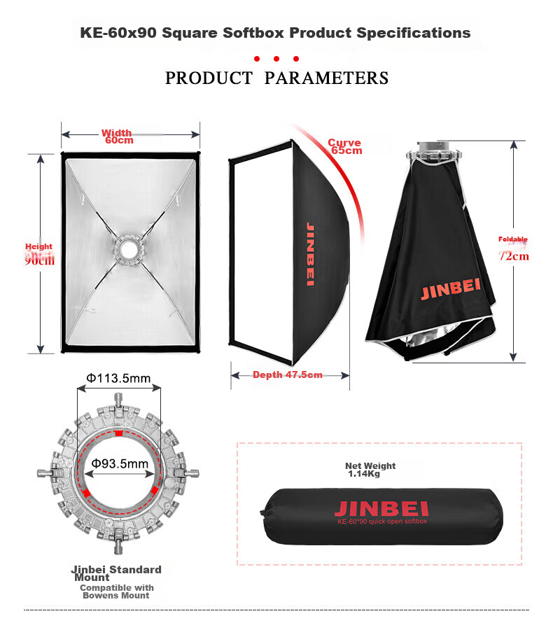JINBEI KE Series Quick-Install Rectangular Softbox with Grid, Portable Easy-To Studio Equipment, Light Modding Accessory, KE-70*100 [Single Grid] 2