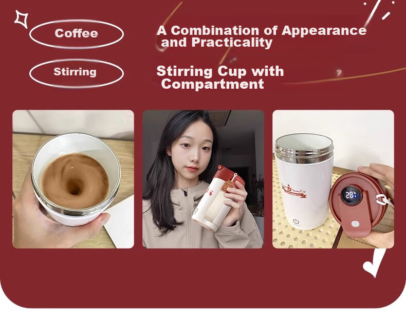 Fanji Electric Stirring Cup, Coffee Cup, Temperature Display, 316 Stainless Steel, Fully Automatic, Rechargeable, Magnetic Soy Milk Powder Shaker Cup, White 2