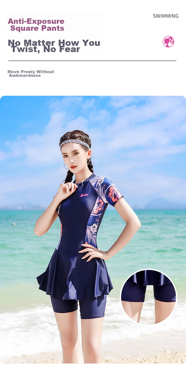 Barbie One-Piece Swimsuit for Women, Boyshort Five-Point Swimwear, Fashionable Tummy Control Slimming Conservative Plus Size Beach Vacation Swimwear 7