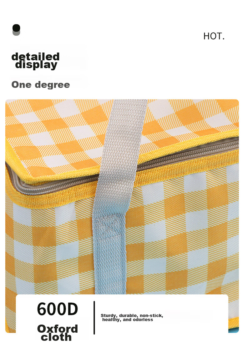 JOYTOUR Insulated Picnic Bag, Outdoor Portable Folding Camping Lunch Box Bag, Cold Storage Bag, Travel Picnic Basket, Yellow And White Checkered Patter 7